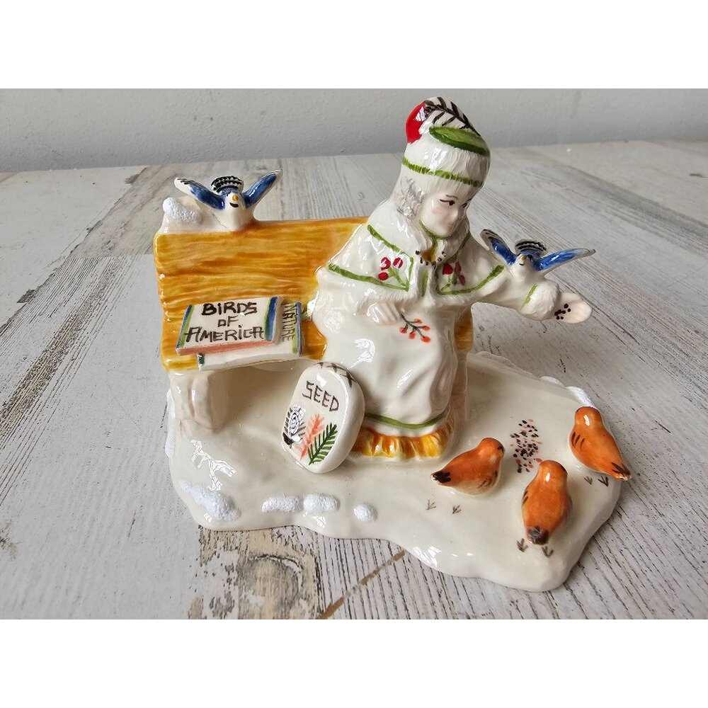 Vintage Walter brockmann bird lady of America bench Xmas village decor‎